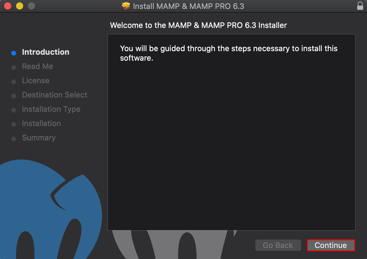 MAMP installation wizard, highlighting the "Continue" button at the bottom right