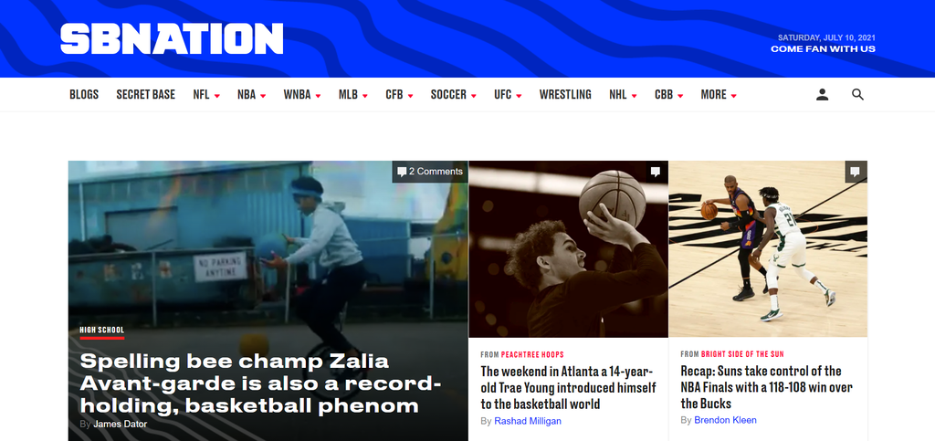 The front page of SB Nation's website.