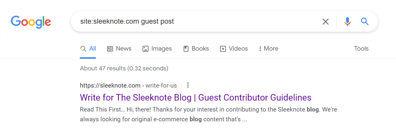 Entering "site:sleeknote.com guest post" on Google.