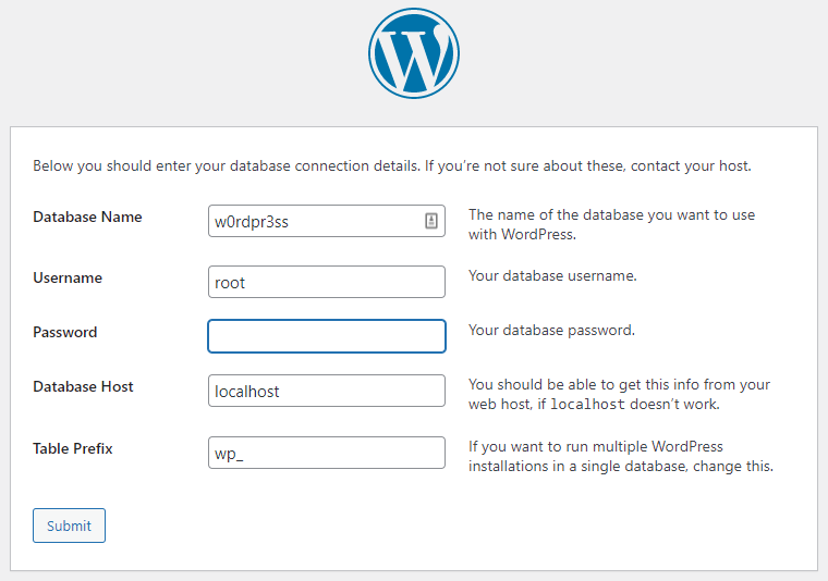 WordPress database setup