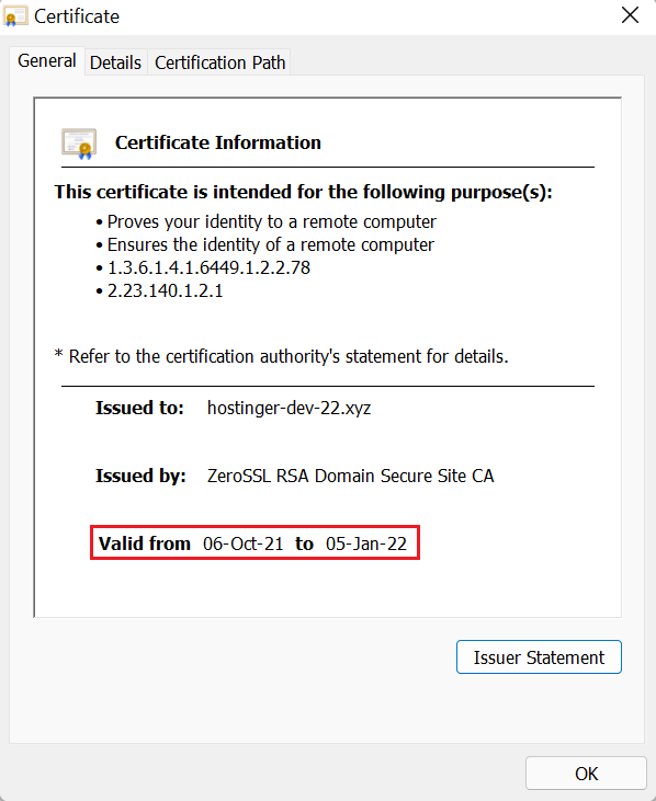 SLL certificate's validity