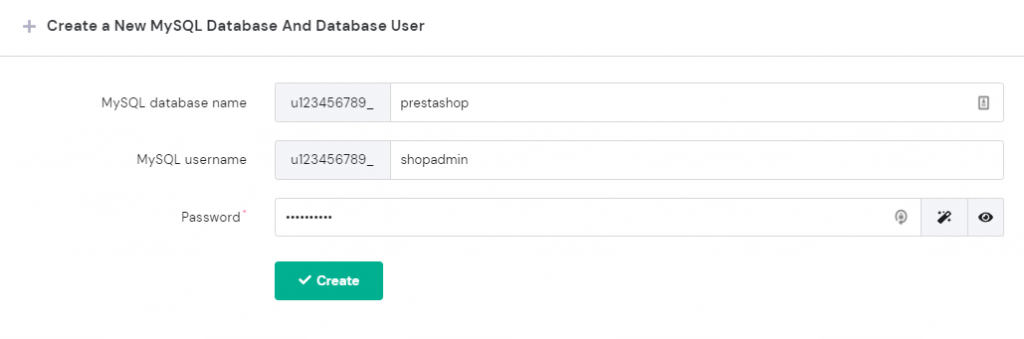 Form to create a new database for PrestaShop