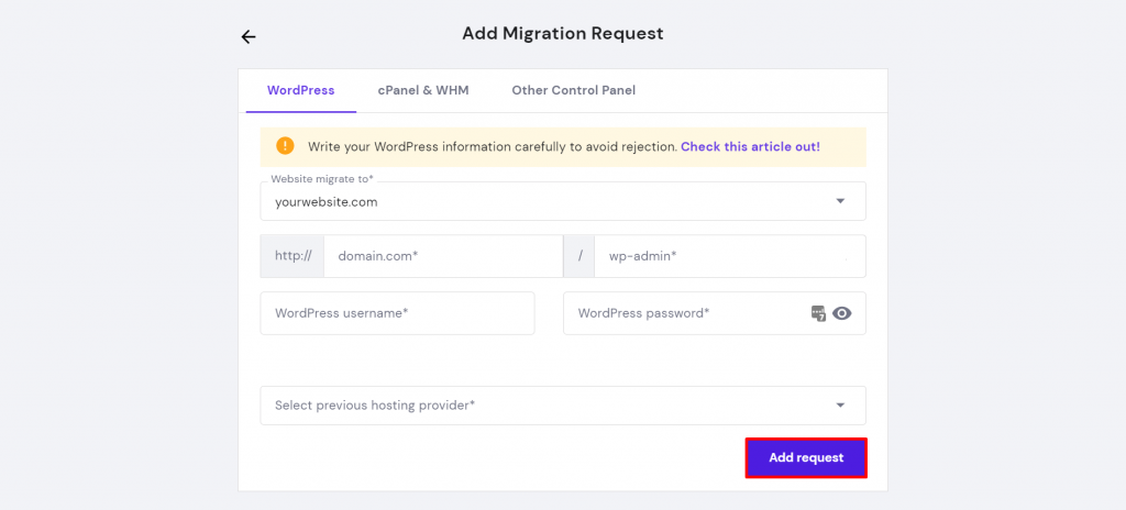 Migration Requests page on hPanel