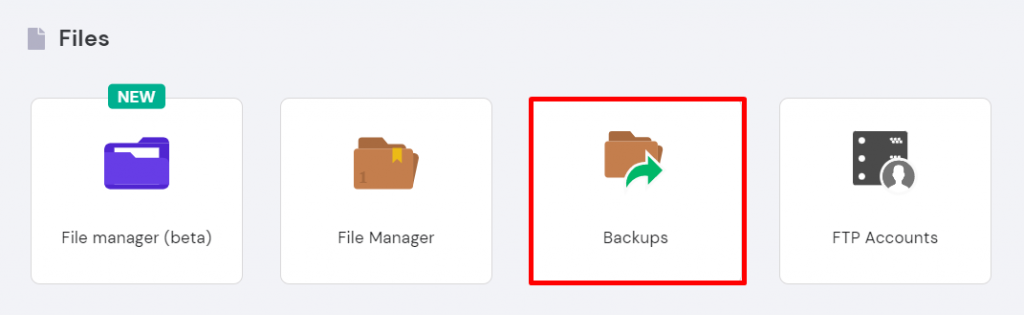 Backups button under the Files section on hPanel