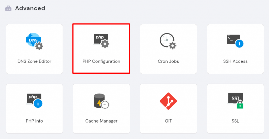 PHP Configuration button under the Advanced section on hPanel
