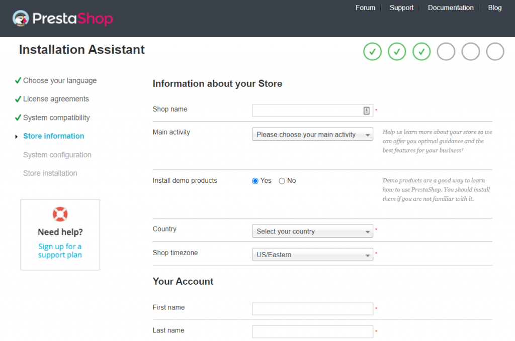 Details about the store user wants to create with PrestaShop