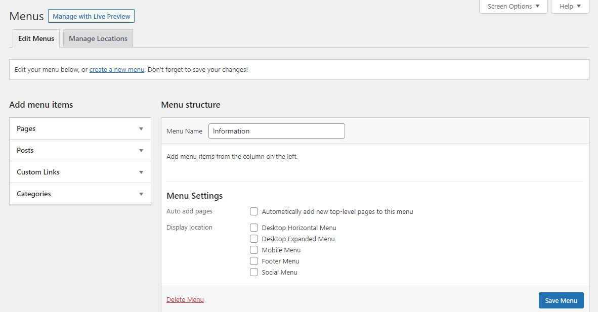 The settings to create a new menu on WordPress Menus page