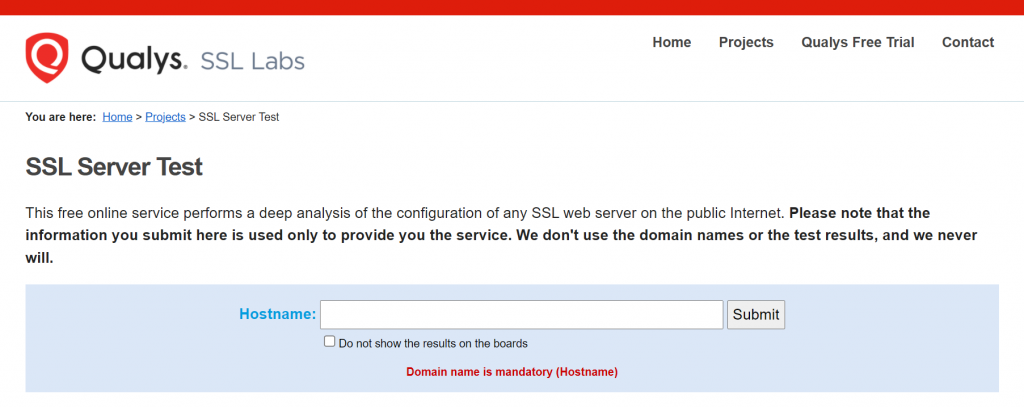 Screenshot of the Qualys SSL Server Test homepage