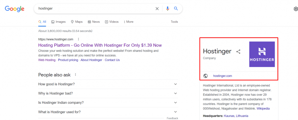 Google Search displaying Hostinger website's information