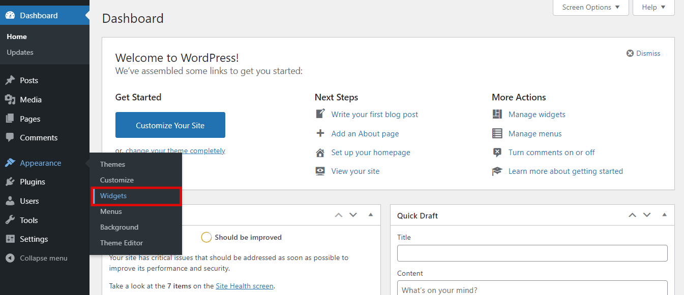The Widgets tab in the appearance section of the WordPress dashboard