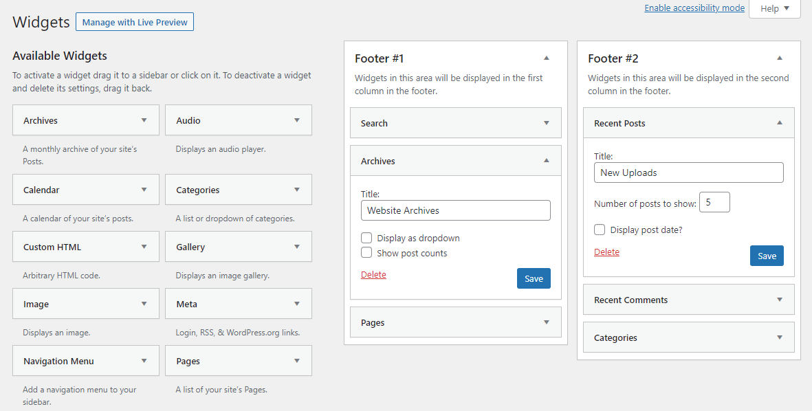 The settings to add widgets to the Footer area on WordPress Widgets page