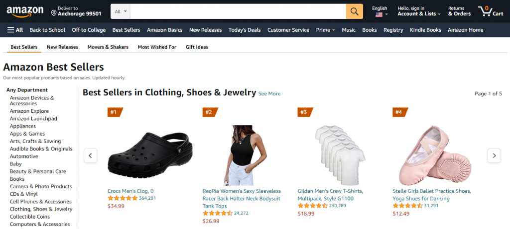 Best Sellers page on the Amazon website