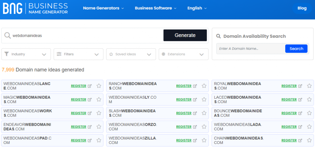 Business Name Generator result page