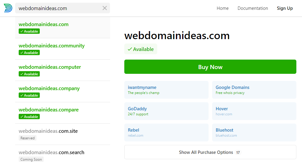 Domainr domain search result page