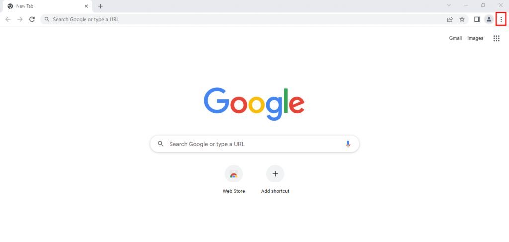 Google Chrome browser starting page with the vertical ellipsis symbol at the top right of the screen highlighted.