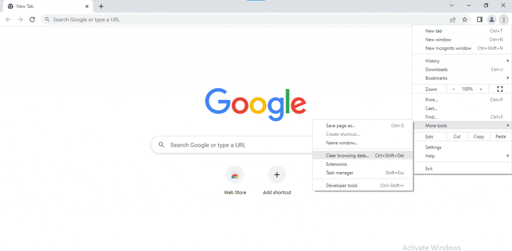 Google Chrome browser's customization drop-down menu opened with the "More tools" and "Clear browsing data" options highlighted