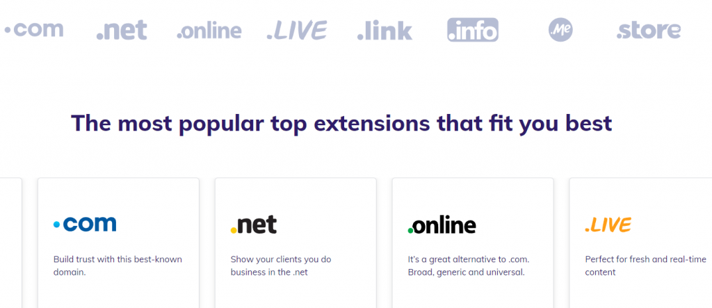Hostinger's domain name landing page showing various extension options
