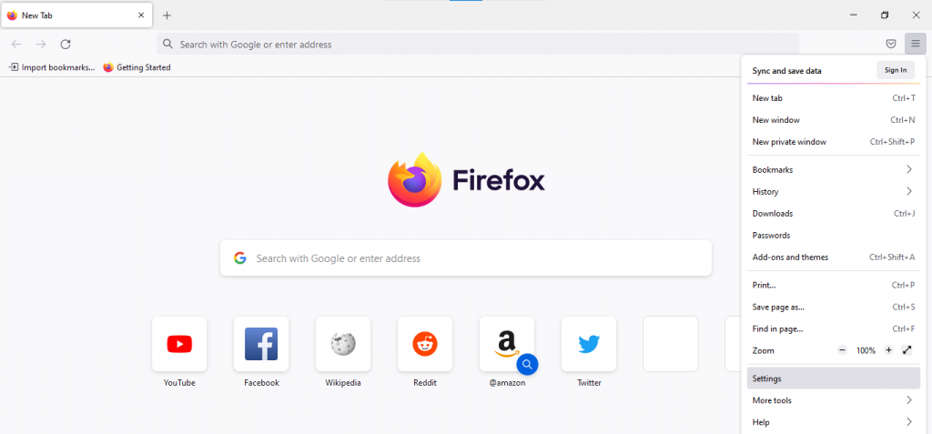 Mozilla Firefox browser's application drop-down menu opened with the "Settings" option highlighted.