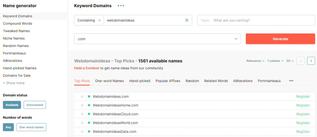 NameStation domain name generator result page
