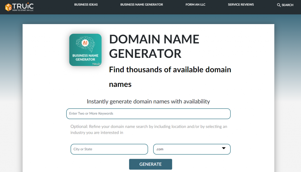 TRUiC domain name generator landing page