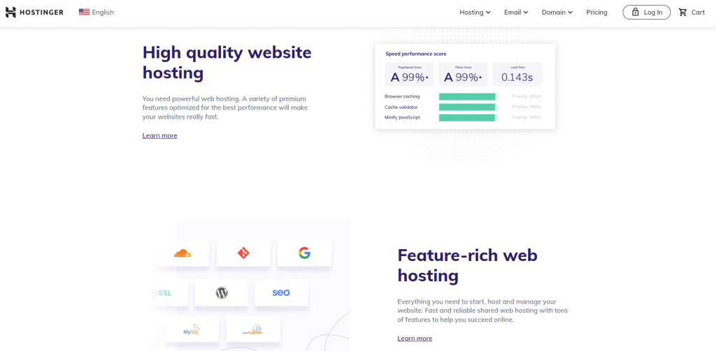 Benefits and features of Hostinger's web hosting shown in the landing page