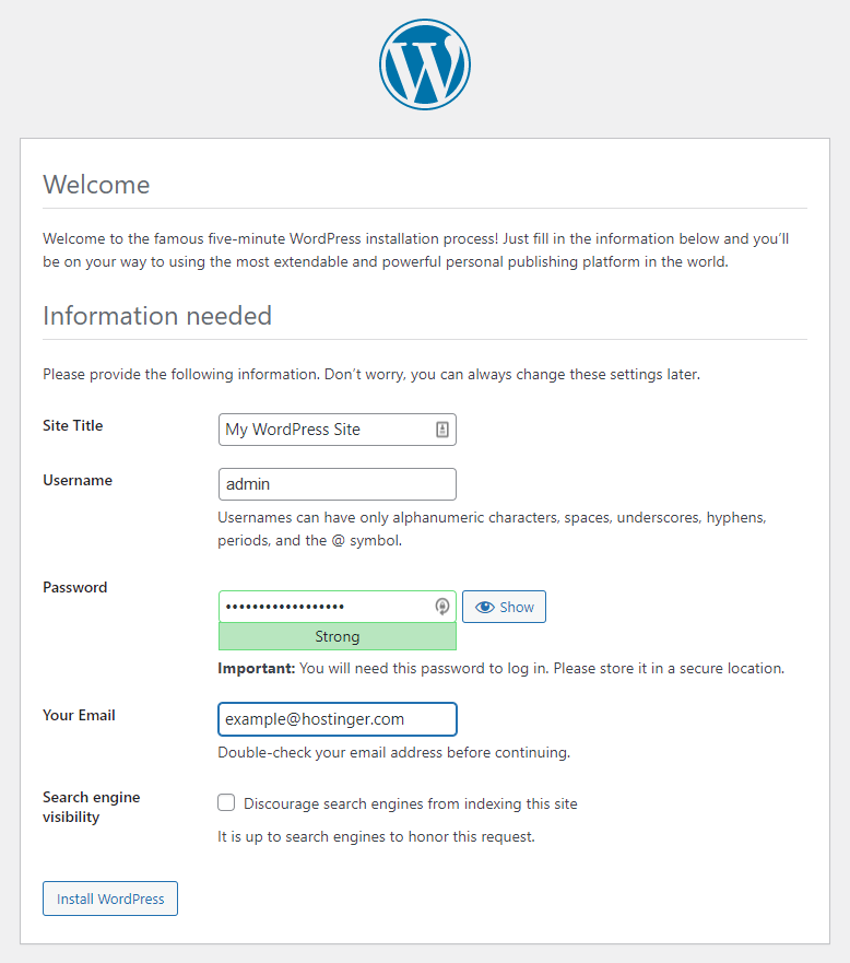 WordPress setup page - installation form