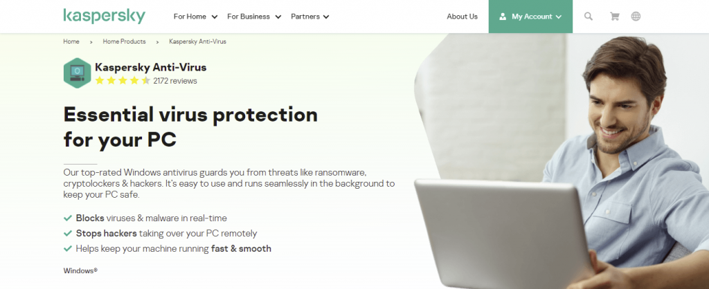 Kaspersky's homepage featuring the anti-virus software for Windows
