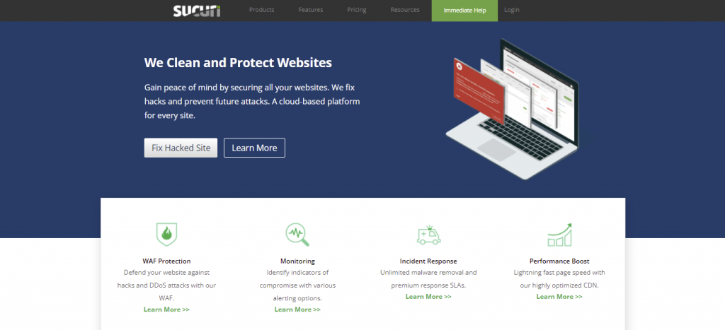 Sucuri's homepage featuring the tool to fix hacked websites
