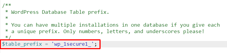 Screenshot showcasing a changed $table_prefix value