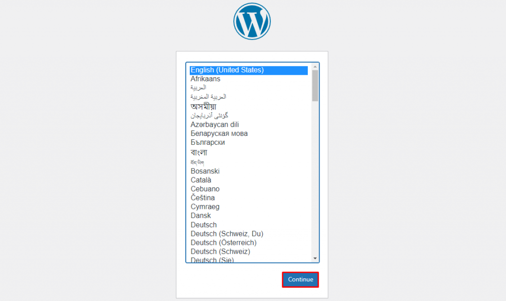 WordPress setup - choosing the language. 