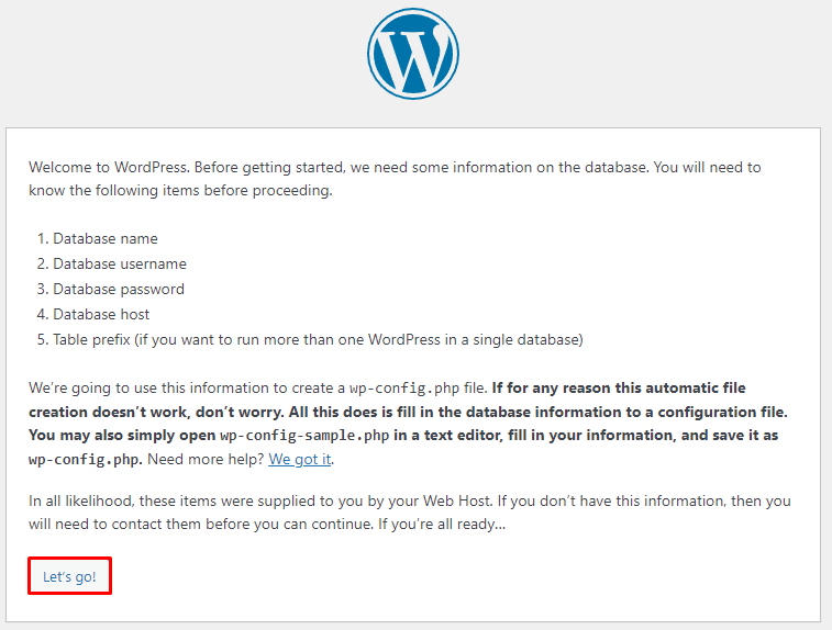 Welcome to WordPress message - highlighting the "Let's go" button