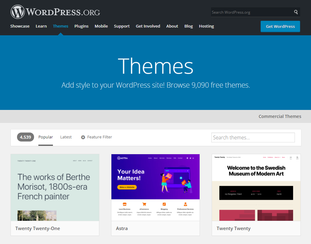 The WordPress themes page