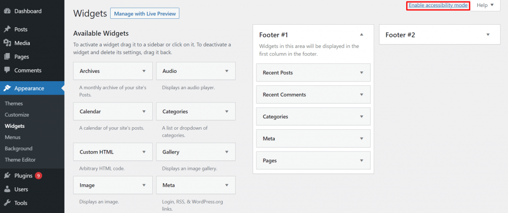 The enable accessibility mode at the top right of the widgets area in the WordPress dashboard.