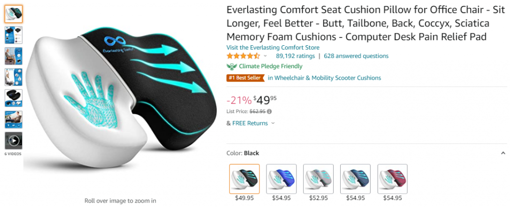 A product page on Amazon showing a photo of a seat cushion by Everlasting Comfort along with its price, ratings, and product details