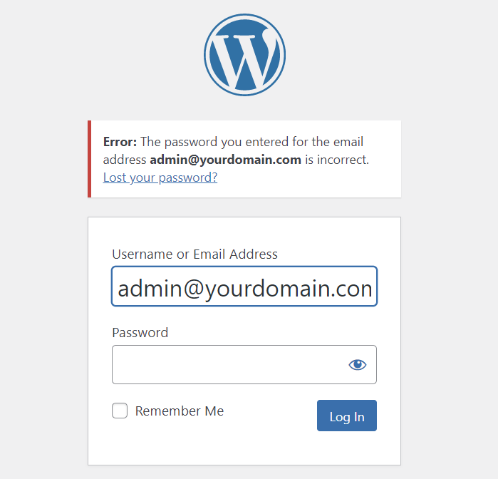 The incorrect password error message on the WordPress login page