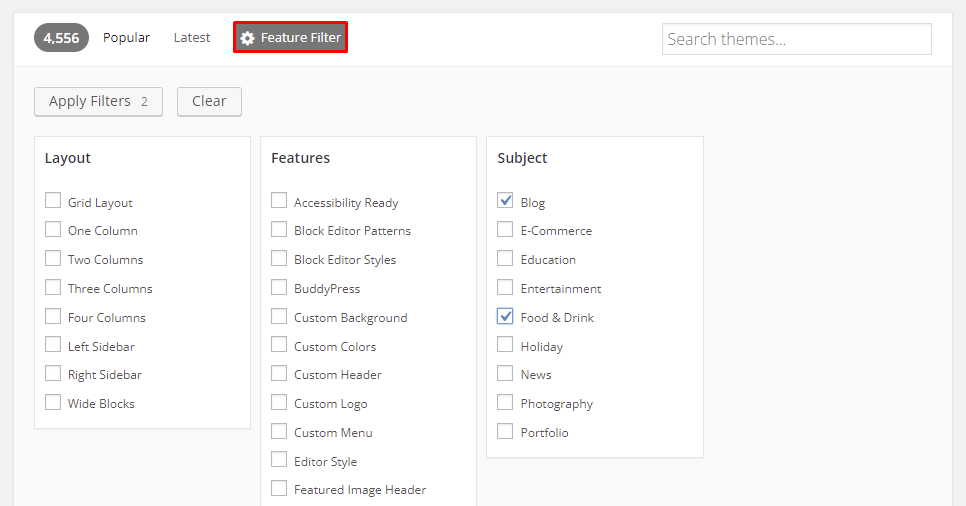 The Feature Filter function to help you choose a WordPress theme.