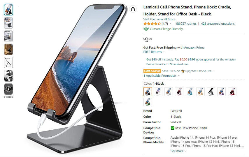 A product page on Amazon showing a photo of a phone stand by Lamicall Store along with its price, ratings, and product details.