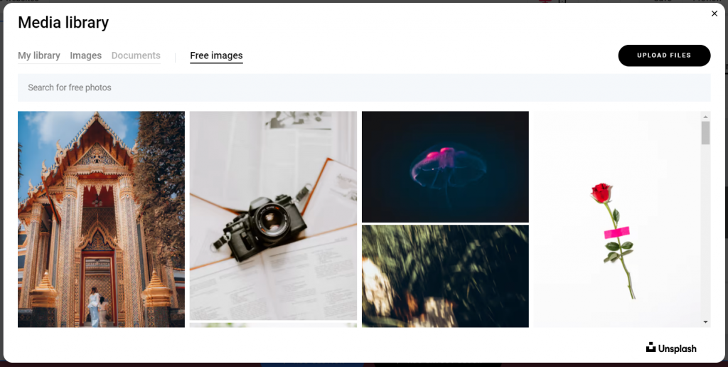 Zyro's free stock image gallery directly accessible from its media library.