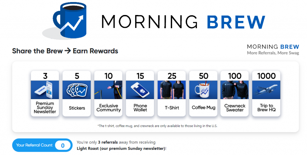 Morning Brew's referral landing page with tiered rewards.