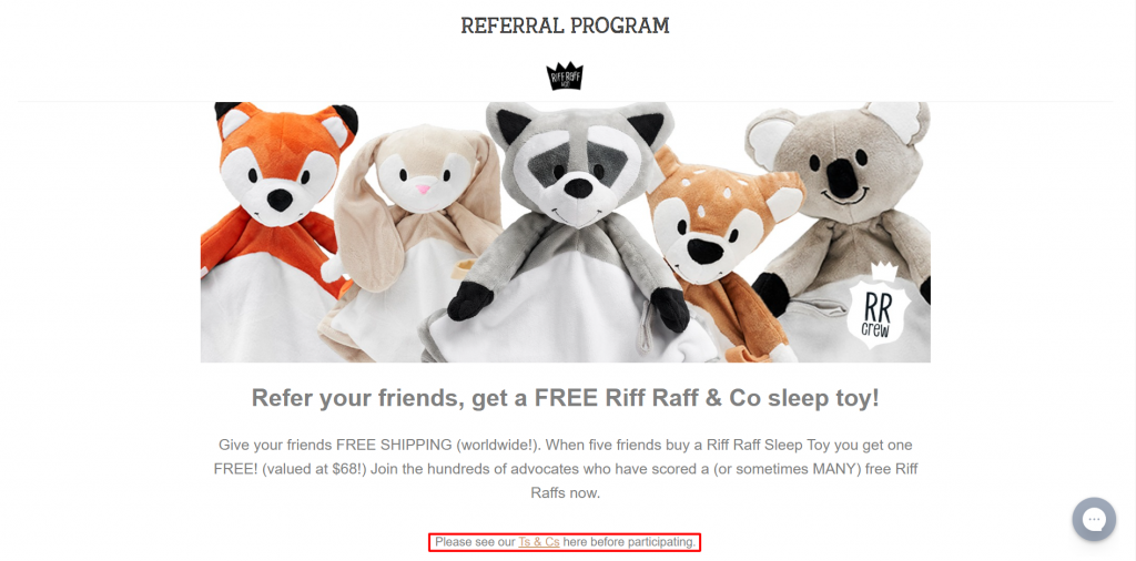 Riff Raff & Co's referral program page with a link to its terms and conditions.