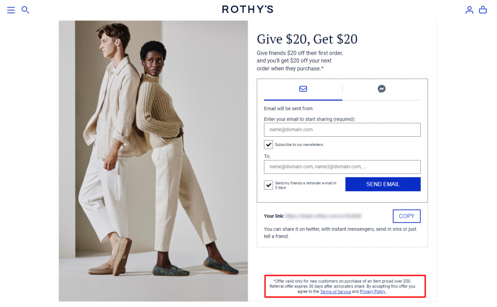 A landing page of Rothy's with a link to its terms and conditions 