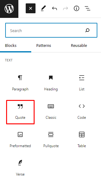 Quote block on the WordPress block editor