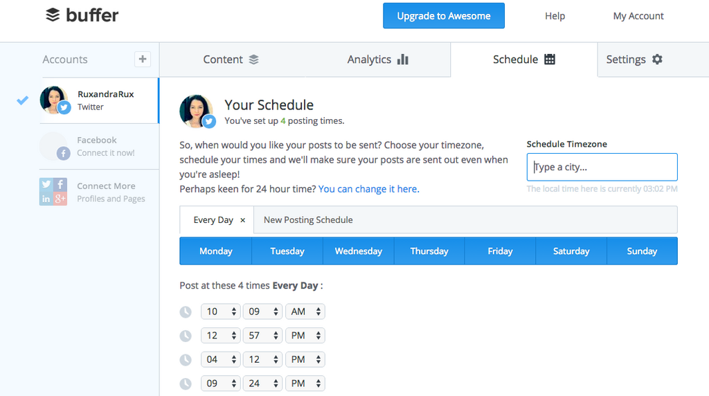Buffer dashboard to schedule content automatically
