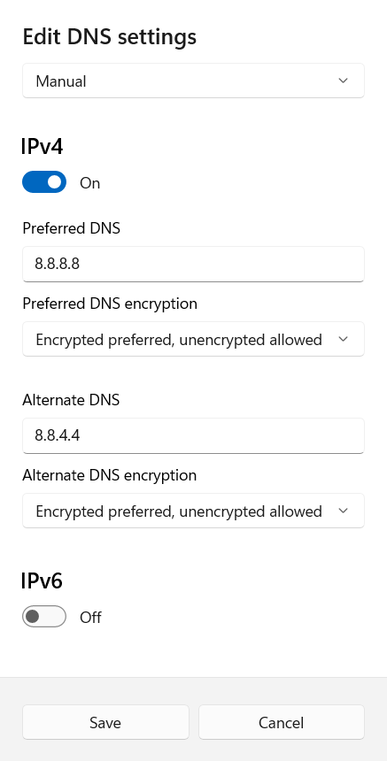 The Edit DNS Settings on Windows.