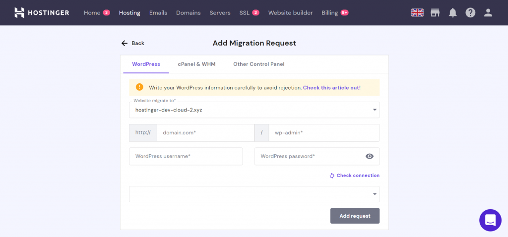 The Add Migration Request form on hPanel.