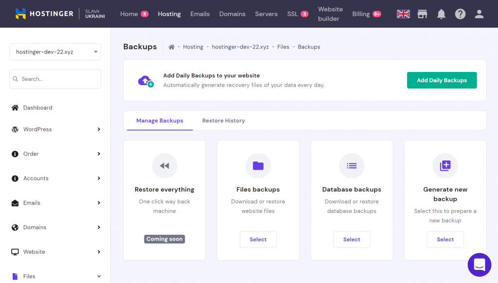 The Backups page on hPanel.