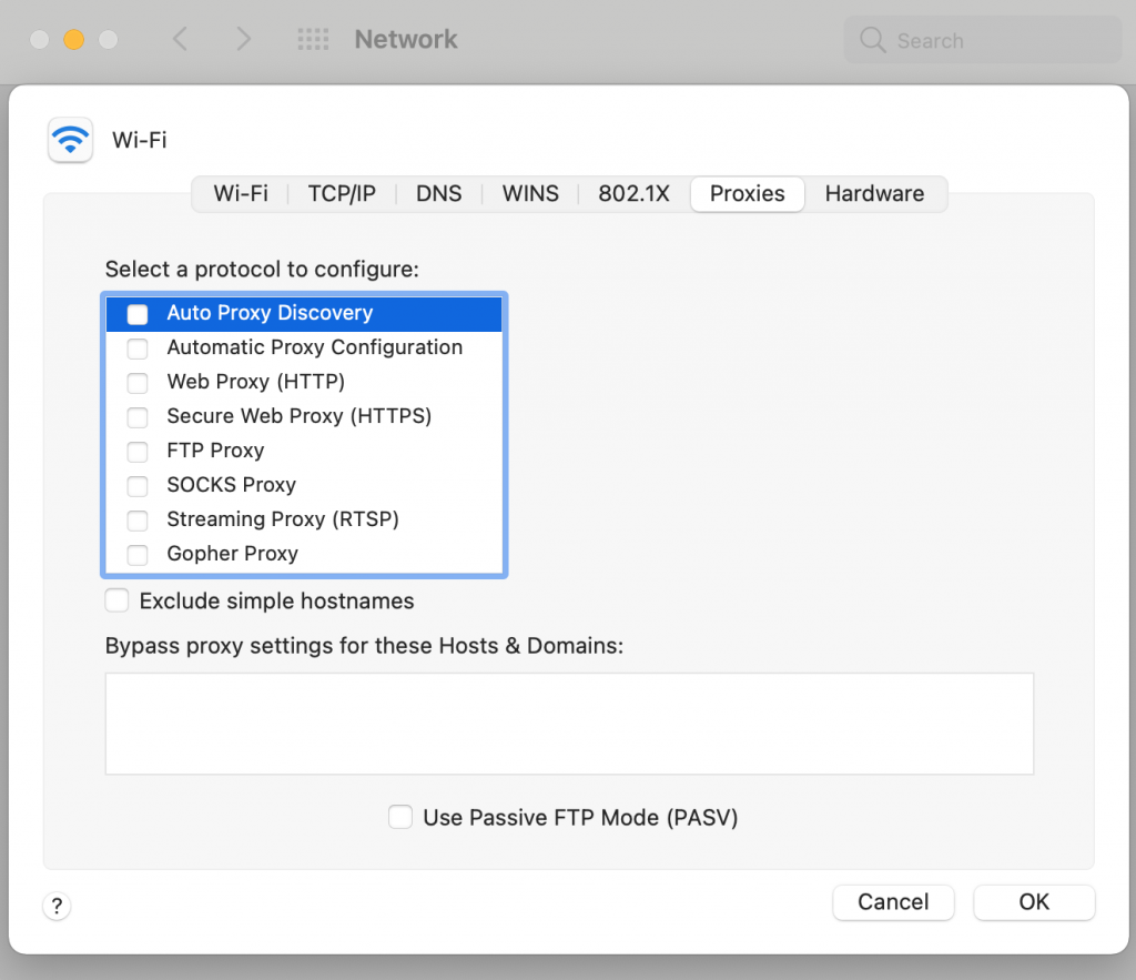 The Proxies settings in macOS.