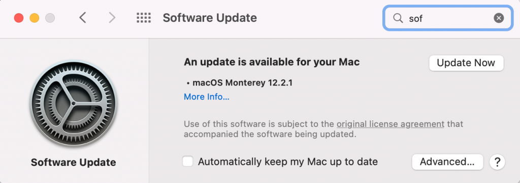 The Software Update menu on Mac