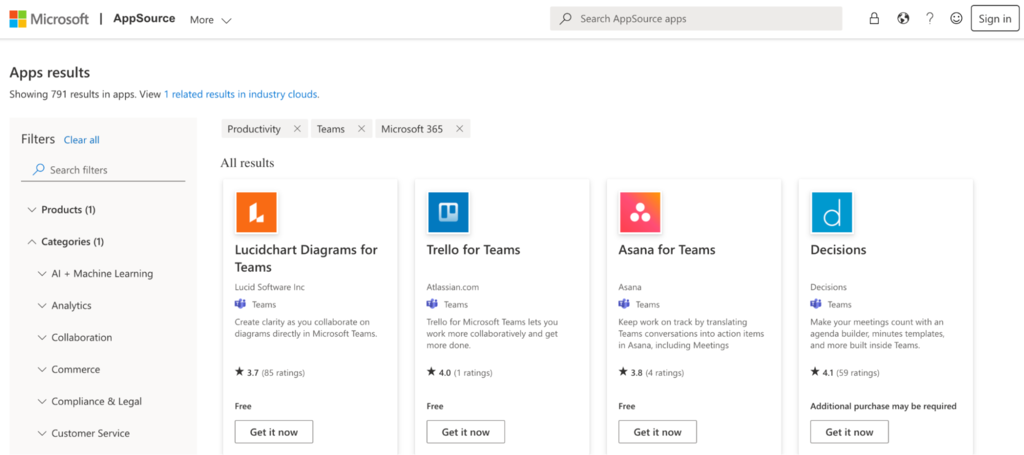 App integration options available on Microsoft Teams AppSource.
