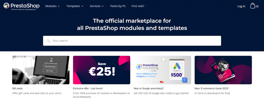 The PrestaShop Marketplace landing page.